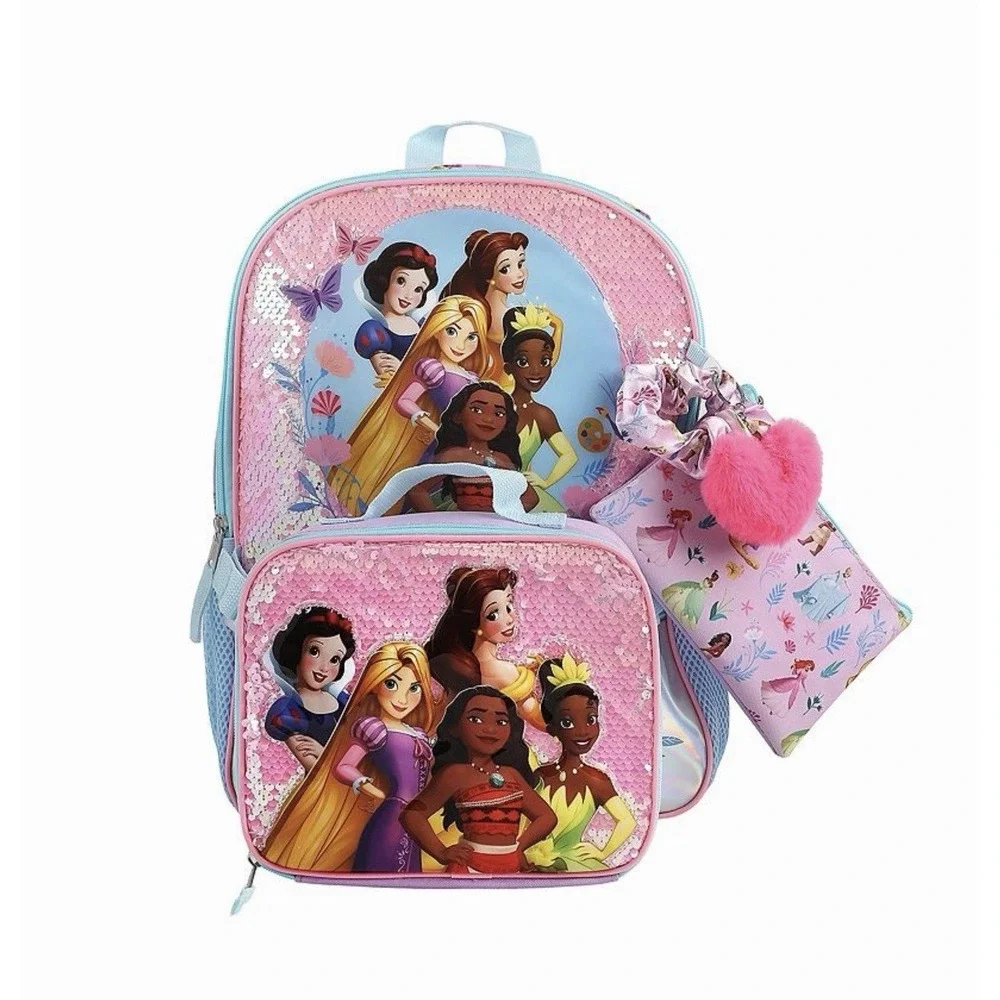 Disney Princess 5-Piece Backpack Set Sequin School Bag Lunch Box Accessories NWT